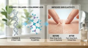 Graphic showing the synergistic relationship between collagen for firming and hyaluronic acid for skin hydration.