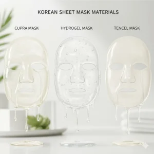 Close-up illustration of different Korean mask materials designed for superior essence absorption.
