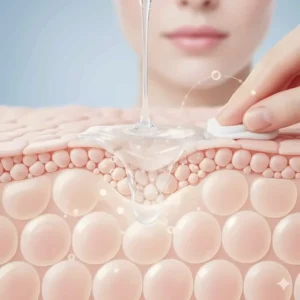 Illustration showing an exfoliating toner removing dead skin cells to reveal a bright glow.