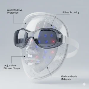 Close-up illustration of the built-in eye protection and adjustable straps of a medical-grade at-home LED mask.
