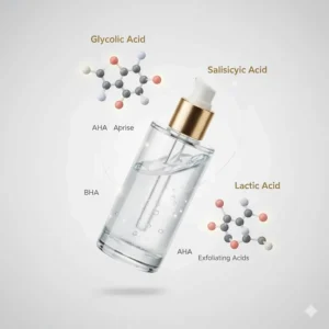 Illustration of glycolic acid, salicylic acid, and lactic acid molecules in a toner formula.
