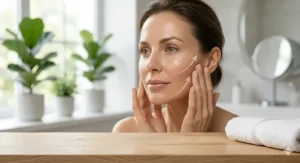 Illustrated guide on the upward massage technique for applying collagen serum to firm sagging skin.