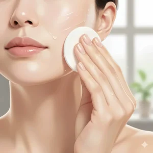 Close-up illustration of a cotton pad applying exfoliating toner to the face in upward motions.