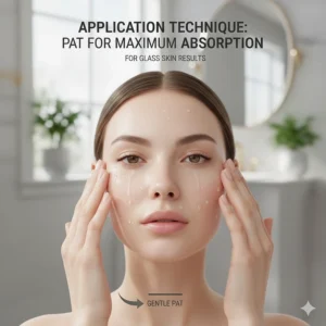 Illustration of hands gently patting essence toner into the face for maximum absorption and glass skin results.