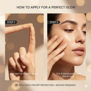 Step-by-step illustration showing the "two-finger rule" for applying tinted sunscreen for maximum glow and protection.