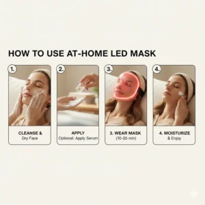 A step-by-step visual guide on how to properly prep skin before using an at-home LED face mask.