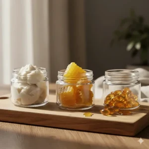 Illustration of beeswax, shea butter, and vitamin E—key ingredients in lip balm for severely chapped lips.