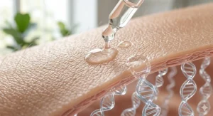 Diagram showing hydrolyzed collagen molecules penetrating the skin barrier to improve elasticity.