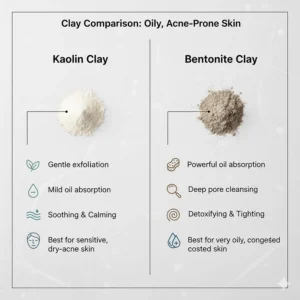 Comparison chart showing the differences between kaolin and bentonite clay for acne-prone skin.