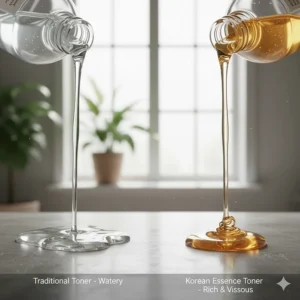 An illustration showing the viscous, honey-like texture of a Korean essence toner vs. a watery traditional toner.