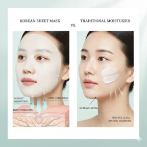 Infographic comparing the hydration delivery of a Korean sheet mask versus traditional moisturizing creams.