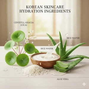 Botanical illustrations of common ingredients in Korean hydrating sheet masks like rice water and centella asiatica.