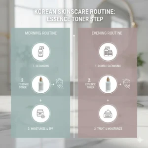 A timeline illustration showing where the essence toner fits between cleansing and moisturizing in a glass skin routine.