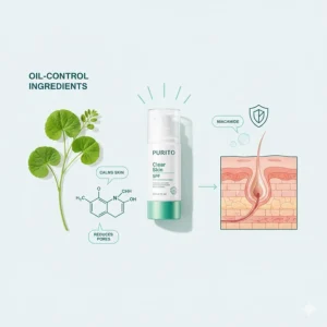 Infographic showing key ingredients in Korean sunscreen for oily skin like Centella Asiatica and Niacinamide.