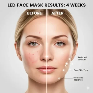 A split-screen illustration showing conceptual skin texture improvements after 4 weeks of consistent at-home LED face mask use.