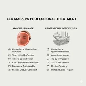 Comparison table showing the cost and convenience benefits of an at-home LED face mask versus professional office visits.