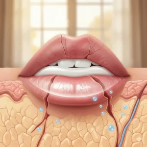 Diagram showing how intensive lip balm repairs the moisture barrier on cracked, peeling lips.