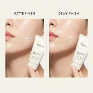 A side-by-side comparison of a dewy finish versus a matte Korean sunscreen finish on oily skin.