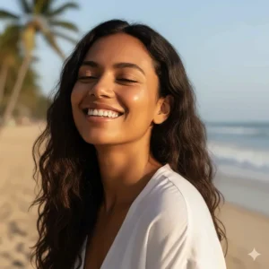 A person with glowing skin wearing a mineral sunscreen without white cast while enjoying the sunlight.