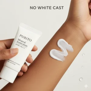 A demonstration of a lightweight Korean chemical sunscreen blending into the skin without leaving a white cast.