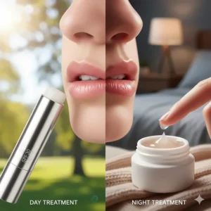 Illustration comparing daytime SPF lip balm and a thick overnight treatment for severe dryness.