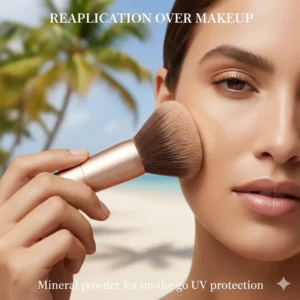 Using a mineral powder sunscreen brush for easy reapplication throughout the day without ruining makeup or adding a white cast.