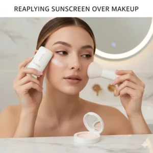 A guide on how to reapply Korean sun sticks or powders over makeup for oily skin throughout the day.