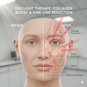 Illustration showing how an at-home LED face mask uses red light to stimulate collagen and reduce fine lines.
