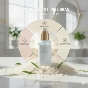 Illustration of rice grains and an essence toner bottle, highlighting the brightening properties of Korean rice-based formulas.