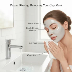 Illustration of the correct way to remove a clay mask using lukewarm water and a soft cloth.