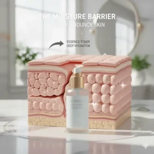 A cross-section diagram of skin cells becoming plump and bouncy after applying a hydrating Korean essence toner.