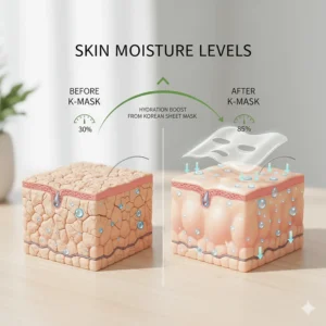 A chart comparing skin moisture levels before and after using a Korean sheet mask for hydration.