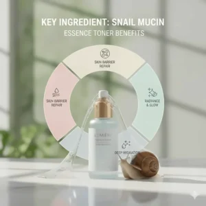 An infographic detailing how snail mucin in Korean toners repairs the skin barrier and adds a glow.