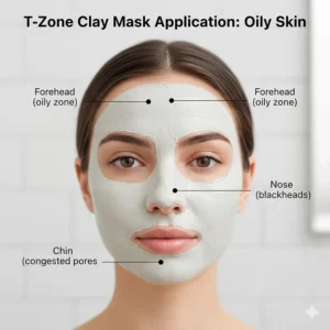 Illustration of a face highlighting the T-zone where clay masks are most effective for oily skin.