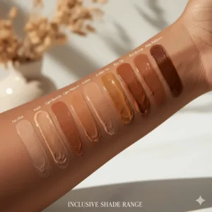 Multiple swatches of different tinted sunscreen shades suitable for all skin tones to achieve a healthy glow.