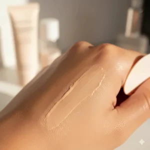 Creamy texture swatch of a tinted sunscreen showing a luminous finish for glowing skin.