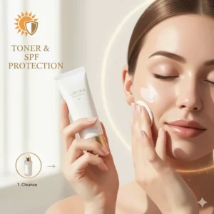 Illustration reminding users to apply sunscreen after using an exfoliating toner to protect glowing skin.