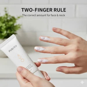 Illustration of the two-finger rule for applying the correct amount of Korean sunscreen to the face.