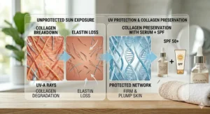Illustration showing how UV rays cause sagging skin and the importance of collagen preservation.