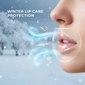 Illustration of a lip balm providing a protective shield against cold wind and dry winter air.
