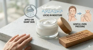 A person applying thick cream to damp skin to lock in hydration after a shower.