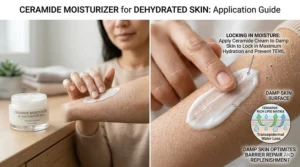 Hand applying a ceramide cream to damp skin to lock in maximum hydration.