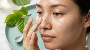 A close-up of a person applying a small amount of lightweight cream to their T-zone using upward circular motions.