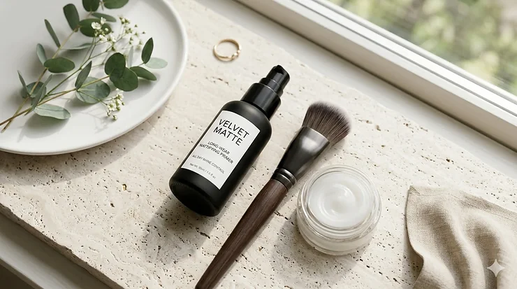 A professional flat lay of a mattifying primer tube next to a makeup brush, representing long-lasting shine control for all-day wear. mattifying primer for all day wear