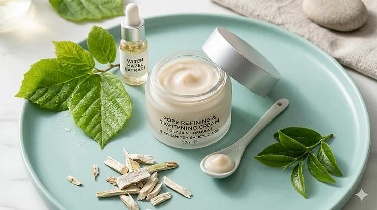 A top-down view of a luxury pore tightening cream jar next to fresh botanical ingredients on a clean, teal surface. pore tightening cream for oily skin