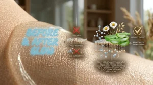 Illustration comparing irritated skin to calm, clear skin after using a daily ultra gentle cleanser.