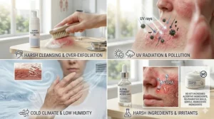 Graphic showing common causes of skin barrier damage, including harsh chemicals and environmental pollution.