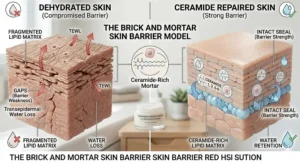 Educational graphic showing ceramides as the "glue" holding skin cells together for a strong barrier.