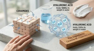 An illustration of ceramides and hyaluronic acid, key ingredients in moisturizers for extremely dry skin.