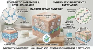 Illustration of ceramide moisturizer ingredients like hyaluronic acid and fatty acids working together.